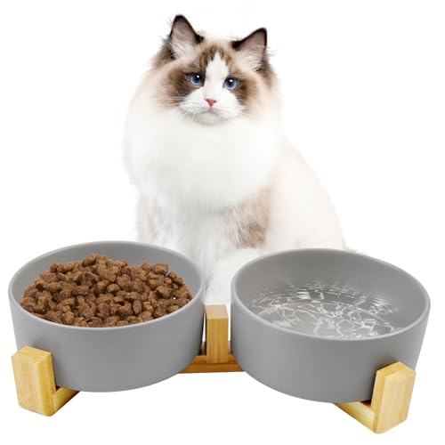 MUYG Keramik-Katzennäpfe mit Bambus-Ständer, rutschfestes Futter- und Wassernapf-Set für kleine Hunde, kein Verschütten, modern, niedlich, beschwerter Katzennapf für kleine Hunde, Welpen, Katzen, von MUYG