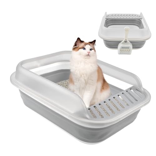 MUYG Offene Katzentoilette mit Löffel, flach, spritzwassergeschützt, Reise-Klo mit Sandtropfen-Pedal, hohe Seite, niedriger Eingang, Katzentoilette, halbgeschlossen, verstellbar, für Kätzchen, ältere von MUYG