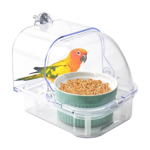 MUYG Vogelkäfig-Futterstation mit Keramikschale, 2-in-1, kein Durcheinander, transparente Sittich-Badewanne mit unterer Schublade, Duschbox für Vögel, Wellensittiche, Sittiche, kleine Papageien, von MUYG