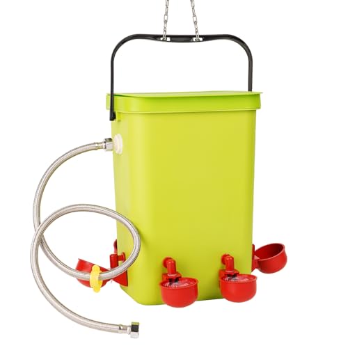 MUYIRTED Hühnertränke 12L, Aufhängbarer Wasserspender Hühner, 6 Trinkbecher Für Geflügel, Automatische Wassertränke Kükentränke, Küken Tränke Kunststoff,100cm Wasserpfeife, Grün (Mit Griff) von MUYIRTED