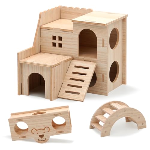 MUYIRTED Hamster Haus Aus Holz Mehrkammernhaus Hamster Versteck, Holzleiter Hamsterwippe Spielzeug, Hamster Zubehör Für Käfig von MUYIRTED