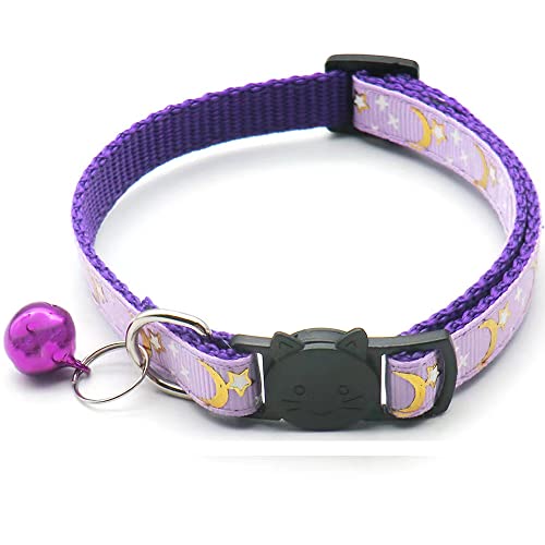 Breakaway Katzenhalsband mit Glocke, Kätzchen Kitty Halsband für Welpen kleine Hunde Halskette mit Mond Stern Muster Verstellbare Länge (Violett) von MUZIEBA