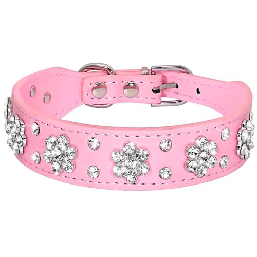 Strass Hundehalsband PU Leder Haustier Halsband Blumenmuster Nieten Bling Welpenhalsband mit Kristall für Katze und kleine mittelgroße Hunde (M: für Halsumfang: 30,5–38,1 cm, Rosa) von MUZIEBA