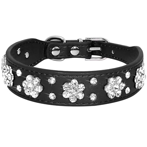 Strass Hundehalsband PU Leder Haustier Halsband Blumenmuster Nieten Bling Welpenhalsband mit Kristall für Katze und kleine mittelgroße Hunde (M: für Halsumfang: 30,5–38,1 cm, schwarz) von MUZIEBA