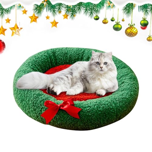 MWZBTG Weihnachtliches Rundes Haustierkissen, Bequemes Haustier-Plüschbett, Rundes Weihnachts-Hundebett, Weihnachts Wärmendes Katzenbett, Bequemes Und Stilvolles Haustierbett Für Zuhause, 40cm von MWZBTG