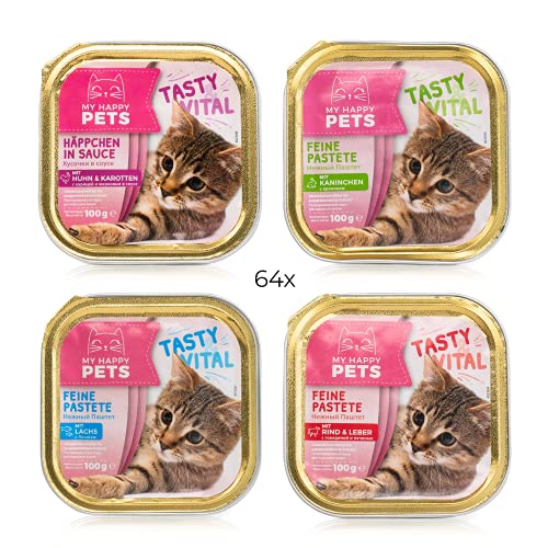 MY HAPPY PETS 64x Katzenfutter in 4 verschiedenen Sorten - Alleinfutter-Mittel für ausgewachsene Katzen - Nass-Futter - Feine Pastete - 64x100g von MY HAPPY PETS