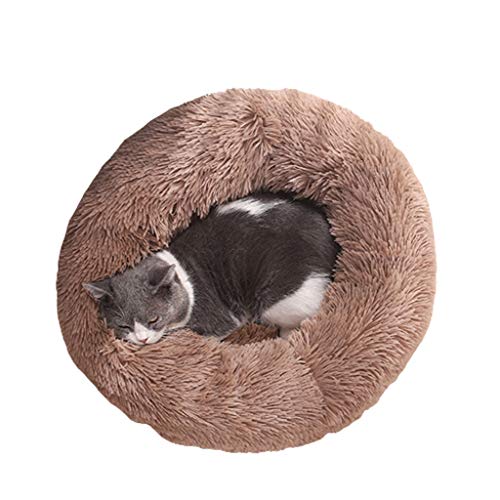 MYBA Kunstpelz-Hundebett & Katzenbett, Anti-Angst-Haustierbett, rundes Kätzchenbett für Hunde mit flauschigem, bequemem Plüsch-Zwinger-Kissen (Color : Brown, Größe : Small) von MYBA