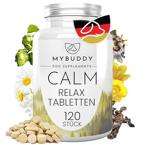 MYBUDDY Calm Relaxtabletten Hund Beruhigung mit Baldrian Hopfen Johanniskraut Kamille für alle Rassen Nahrungsergänzungsmittel für Hunde Made in Germany (Calm Relaxtabletten, 120 Tabletten) von MYBUDDY