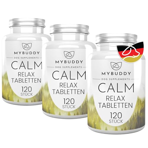 MYBUDDY Calm Relaxtabletten Hund Beruhigung mit Baldrian Hopfen Johanniskraut Kamille für alle Rassen Nahrungsergänzungsmittel für Hunde Made in Germany (Calm Relaxtabletten, 3x120 Tabletten) von MYBUDDY