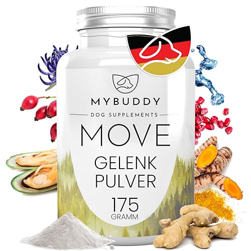 MYBUDDY Move Gelenkpulver Hund mit Grünlippmuschel MSM Teufelskralle Hyaluron Hefe Glucosamin Curcuma Ingwer für alle Rassen Nahrungsergänzungsmittel für Hunde Made in Germany von MYBUDDY