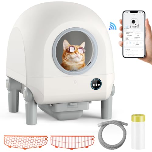 Selbstreinigende Katzentoilette, automatische Katzentoilette, selbstreinigend, 68 l, automatische Katzentoilette, große Kapazität für mehrere Katzen, App-Steuerung, intelligente Katzentoilette, Weiß von MYDUD