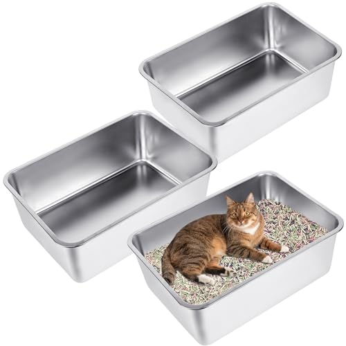 MYFAMIREA 3P Katzentoiletten aus Edelstahl, 60 x 40 x 20 cm, extra große Metall-Katzentoiletten mit hohen Seiten, kein Geruch, antihaftbeschichtet, rostfrei, leicht zu reinigende Katzentoiletten für von MYFAMIREA