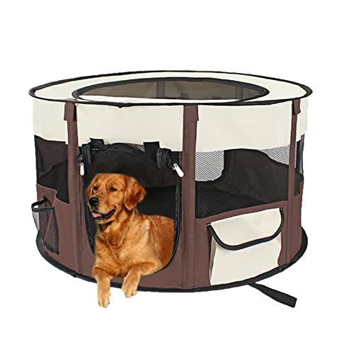 MYKOMI Faltbarer Hunde Katzen Haustier Laufstall, Tragbare Zusammenklappbare Tragetasche, Atmungsaktives Mesh für den Innen- und Außenbereich (Braun, L:43x43x24'') von MYKOMI