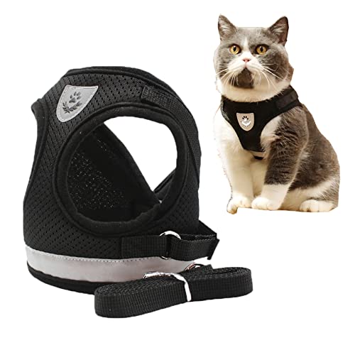 MYKOMI Komfort-Step-In Katzen-Hundegeschirr und Leine-Set für Welpen Katzen Ausbruchsicher Haustierweste Geschirre für kleine Tiere Kaninchen Maus Katzen (L:5-7.5KG, Schwarz) von MYKOMI