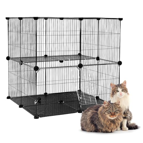 MYOYAY Großer Katzenkäfig für Draußen, 2-stöckig Katzengehege 75 x 75 x 73cm, Katzenlaufstall aus Metall Schwarz Abnehmbarer Tierkäfige Freigehege Katzen, Katzenauslauf Balkon von MYOYAY