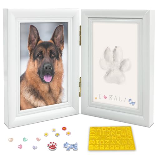 MYPAWLETS Hunde- oder Katzenpfotenabdruck-Set mit Schmuckstücken, Haustierpfotenabdruck-Set mit 2 Ton, Holz-Bilderrahmen, groß, Weiß von MYPAWLETS