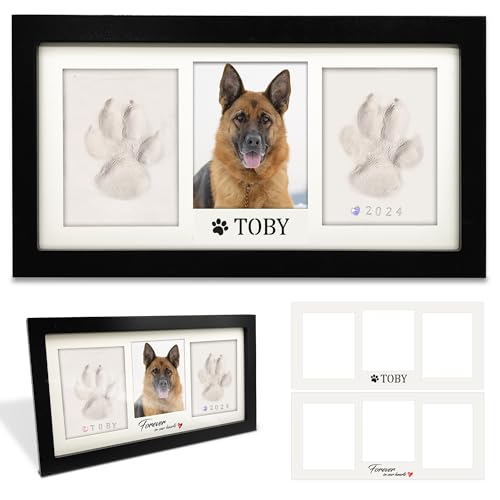 MYPAWLETS Pfotenabdruck-Set für Hunde und Katzen, Haustier-Pfotenabdruck-Set mit Anpassungswerkzeugen, Andenken an Pfotenabdruck, weicher und unknackbarer Ton, 1 Hunde-Gedenkrahmen, 2 Display-Matten, von MYPAWLETS