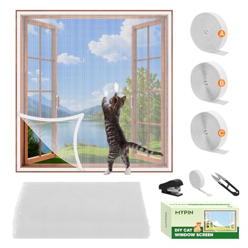 MYPIN Einstellbare Katzenschutz Fenster Netz Mit Selbstklebeband, DIY Größe, Katzennetz Balkon Fenster Transparent Netzgitter, Fliegengitter, Max. 130x150 cm, mit Lineal/Messer/Hefter (Weiß） von MYPIN