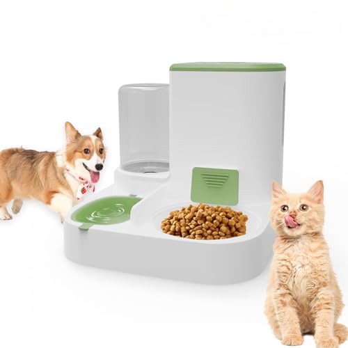 2-in-1 Futterautomat Katze & Hund | 2.2L+1L Katzenfutter Automat | Futterspender und Wasserspender | Futterautomaten für Katzen Hunde Leine bis Mittlere Haustiere (B,Grün) von MYRRHE