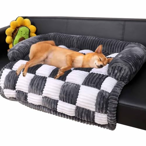 MYYMKJYXGS Cream Square Plaid Cozy Dog Mat Furniture Protector Cover,Dog Couch Cover Fuzzy Sofa Cover,Funny Pet Couch Covers for Sofa,Fuzzy Calming Dog Sofa Bed Mat(Black,L) von MYYMKJYXGS