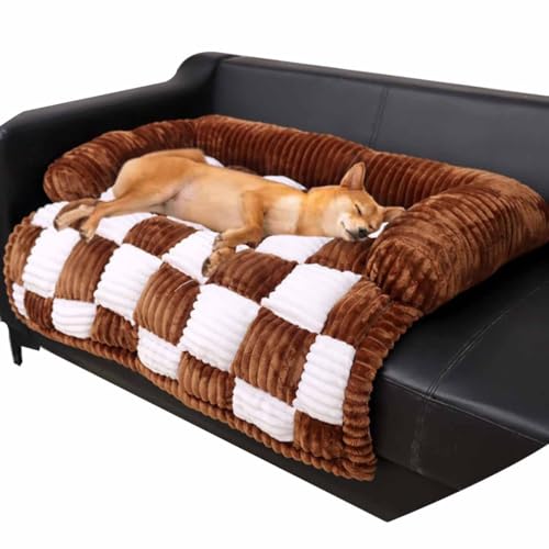 MYYMKJYXGS Cream Square Plaid Cozy Dog Mat Furniture Protector Cover,Dog Couch Cover Fuzzy Sofa Cover,Funny Pet Couch Covers for Sofa,Fuzzy Calming Dog Sofa Bed Mat(Brown,L) von MYYMKJYXGS