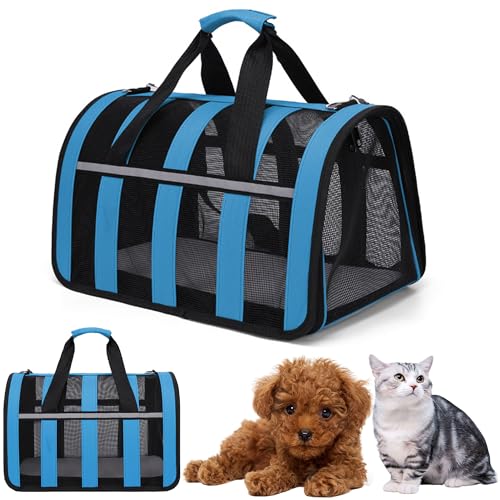 MZSX Transporttasche für Katze Hund, mit reflektierenden Streifen, mit atmungsaktivem Mesh, Faltbare katzentasche transporttasche, für Katzen und kleine Hunde, ideal für Reisen, bis 4 kg (Blau) von MZSX