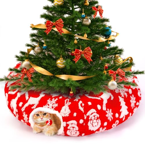 Katzentunnelbett Weihnachtsbaum Rock für Indoor Katzen, Maansfy Große Peekaboo Katzenhöhle Dekorative Weihnachtsstil Katze Donut Tunnel Multifunktionale Katzenröhre Spielplatz Spielzeug für Kätzchen von Maansfy