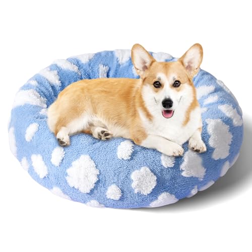 Maansfy Beruhigendes Donut-Hundebett für mittelgroße Hunde, wärmendes, rundes Hundebett, gemütlich, weiches Haustierbett, Plüsch-Hundekissen, waschbar, rutschfest, 76,2 cm, Blau von Maansfy