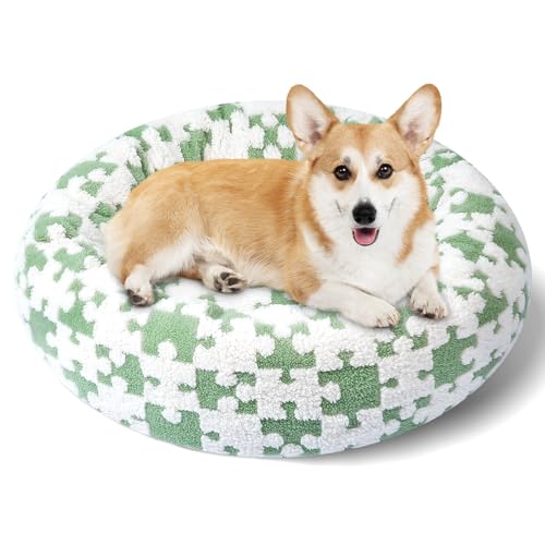 Maansfy Beruhigendes Donut-Hundebett für mittelgroße Hunde, wärmendes, rundes Hundebett, gemütlich, weiches Haustierbett, Plüsch-Hundekissen, waschbar, rutschfest, 76,2 cm (grünes Puzzle) von Maansfy