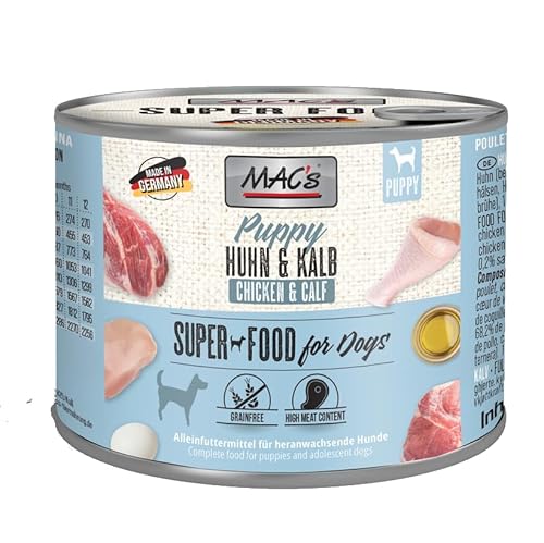 MAC’s Dog Puppy Huhn & Kalb 6 x 200g | Getreidefreies Welpenfutter mit 99% Fleischanteil | Für eine gesunde Entwicklung ohne künstliche Zusätze | Mit Distelöl & Eierschalenpulver von Mac's