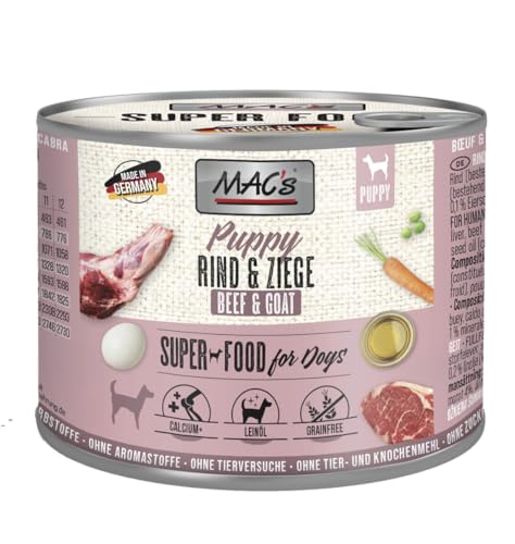 MAC’s Dog Puppy Rind & Ziege 6 x 200g | Getreidefreies Nassfutter für Welpen | Hoher Fleischanteil >90% | Leicht verdaulich | Mit Calcium für Knochenwachstum von Mac's