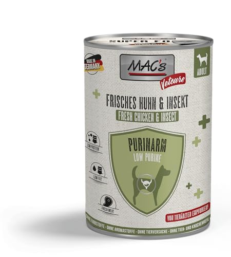 MACs Dog Vetcare Purinarm Huhn & Insekt 6 x 400g | Ohne Füll- und Zusatzstoffe | Mageres, frisches Hühnerfleisch | Für Hunde mit hohen Purinwerten von Mac's