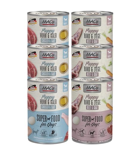 Mac's Dog Puppy 6 x 400g | 2 Sorten Mix | Getreidefreies Nassfutter für Welpen | schonende Zubereitung | bietet Ihrem Welpen Alles an Nährstoffen, Vitaminen und Mineralien von Mac's