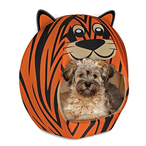 MACCABI ART Hundebett mit Tiger-Motiv, niedliches Iglu-Stil, für kleine Hunde, Welpen, Katzen, Kisseneinsatz mit Plüschfutter, rutschfestes Iglu-Design, 40,6 x 40,6 x 45,7 cm von Maccabi