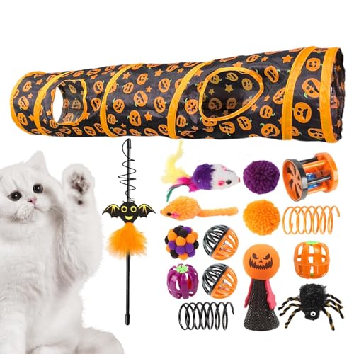 Maciun Katzentunnel für Indoor-Katzen | Halloween-Katzenröhren mit Spielzeug - Aktivitätszentrum mit Kürbismuster für Kleintiere, Kätzchen, Katzen von Maciun