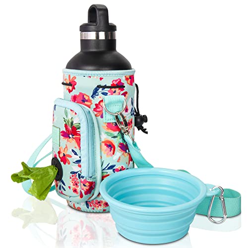 Made Easy Kit Trinkflasche mit Tasche für Hundekotbeutel und verstellbarem, gepolstertem Schultergurt (groß (32 oz) mit Napf, blaugrünem Blumenmuster von Made Easy Kit