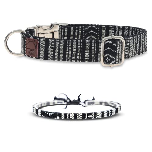 Made by Nami Boho Hundehalsband 2er Set aus Nylon - Versch. Größen kleine & große Hunde - Verstellbar mit Metallverschluss - Atmungsaktiv & Leicht - Hundehalsbänder (L (45-65 cm), Schwarz + Armband) von Made by Nami