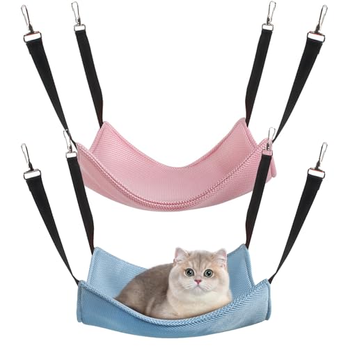 Hängende Katzenhängematte, Haustierkäfig-Hängematte, Weiches Und Atmungsaktives Netz – Mit Metallkarabiner, Verstellbare, Bequeme Doppelseitige Riemen, Geeignet Für Katzen, Welpen (L,Blau+Rosa) von Mafagwre