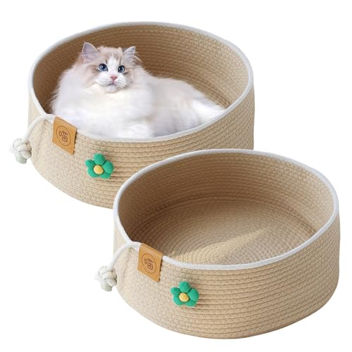 Mafagwre Baumwollseilen Katzenbett, Rund Katzenhütte, Haustierbett Bett Für Katzen, Handgefertigter Baumwollseilen, 40x40x15cm Katzenkorb, Cat Bed (Khaki) von Mafagwre