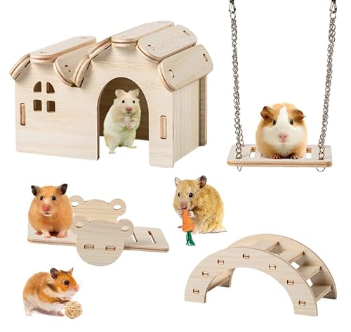 Magnoloran Hamsterspielzeug-Set, Meerschweinchen-Versteck aus Holz, 4 Stück, für Sport, Übung, Hamsterkäfig, Zubehör, einschließlich Hamstervilla, Wippe, Schaukel, Brücke für Rennmäuse, Hamster, Igel von Magnoloran