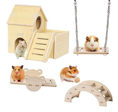 Magnoloran Hamsterspielzeug-Set aus Holz, 4 Stück, Hamsterhaus, Haustiersport, Übungsspielzeug, Meerschweinchen-Versteck Hamsterkäfig-Zubehör, einschließlich Hamstervilla, Wippe, Schaukel, Brücke für von Magnoloran