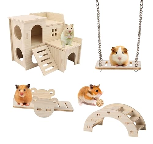 Magnoloran Hamsterspielzeug-Set aus Holz, 4 Stück, lustige Rutsche, Hamsterhaus, Haustier-Trainingsspielzeug, Meerschweinchen-Versteck Hamsterkäfig-Zubehör, einschließlich Villa, Wippe, Schaukel, von Magnoloran