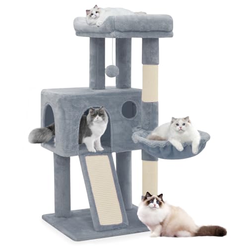 Magshion 91,4 cm Katzenbaum Turm mit Hängematte, Katzenhaus mit Kratzbaum und Rampe, Katzenbaum mit Katzenhaus für Indoor-Kätzchen, Katzenkletterständer mit Plüschball für Spielruhe, Hellgrau von Magshion