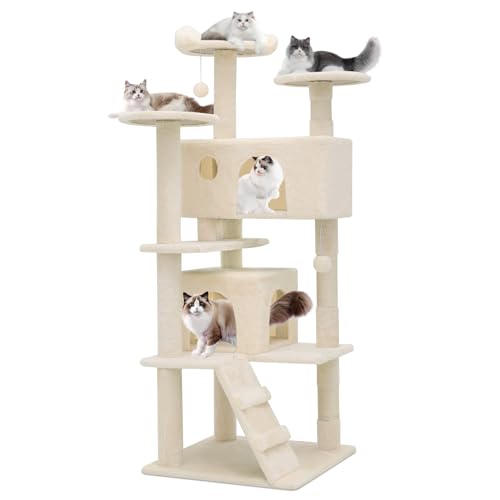 Magshion Katzenbaum, 54 Zoll Katzenturm mit Kratzbaum, Katzenbaum Kletterturm, Katzenbaum mit Katzenhütte, Katzenbaum für Indoor Katzen, Beige von Magshion