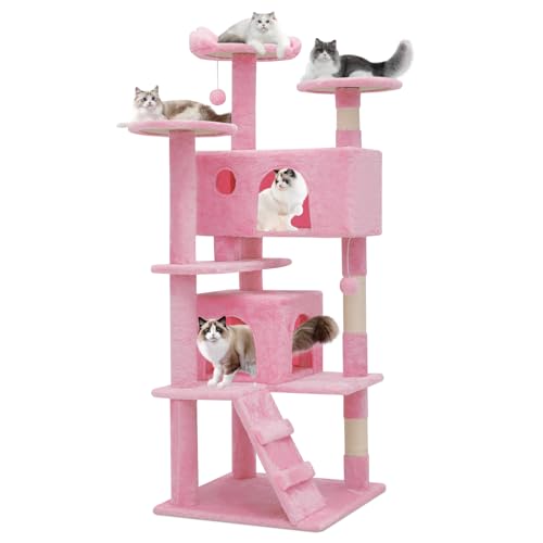 Magshion Katzenbaum, 54 Zoll Katzenturm mit Kratzbaum, Katzenbaum Kletterturm, Katzenbaum mit Katzenhütte, Katzenbaum für Indoor Katzen, Weiches Rosa von Magshion