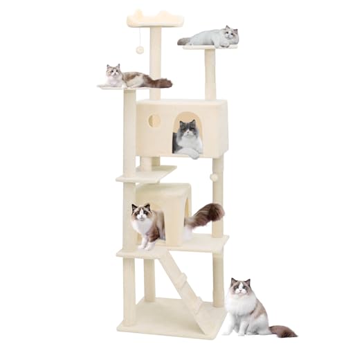 Magshion Katzenbaum, 77 Zoll Katzenbaum mit Kratzbaum, Hoher Katzenbaum Kletterturm, Katzenbaum mit Katzenhütte, Katzenbaum für Indoor Katzen, Beige von Magshion