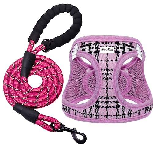 Maiiu Hundegeschirr und Leine, kein Ziehen, verstellbar, reflektierend, mit gepolstertem Luft-Mesh für kleine, mittelgroße Hunde und Katzen (XL, rosa kariert) von Maiiu