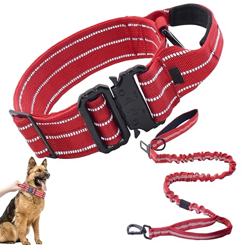 Maiiu Taktisches Hundehalsband und Leine, verstellbares militärisches Training, robuste Metallschnalle für mittelgroße und große Hunde (L, rotes Set) von Maiiu