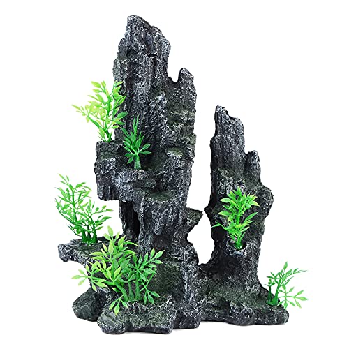 Mairuker Großes Aquarium mit Blick auf die Berge, Moos, Baum, Felsen, Höhle, Dekoration, 28 cm hoch, Aquarium-Dekoration mit kleinen künstlichen Pflanzen, Aquarium-Stein-Ornament für Betta Pleco von Mairuker