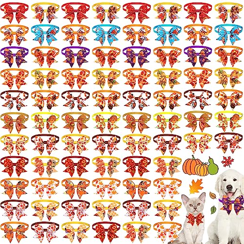 Maitys 80 Stück Thanksgiving Hundehalsband mit Schleife Bulk Thanksgiving Truthahn Kürbis Hund Fliege Katze Hund Fliege Verstellbar Hundehalsband Welpen Hund Katze Krawatten für Herbst Thanksgiving von Maitys